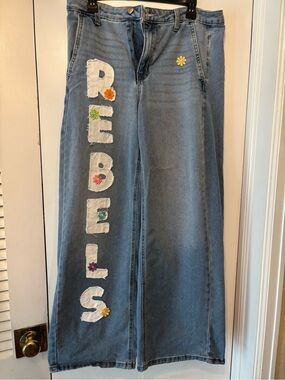 Women’s Light Blue Embroidered 'Rebels' Wide-Leg Jeans Sz 11, approx 38 in long